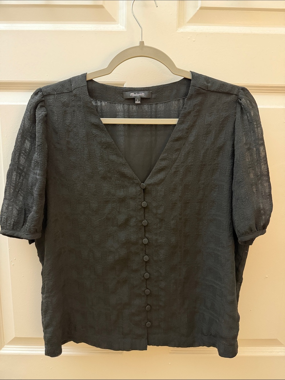 Madewell Black Textured Puff-Sleeve Button Blouse